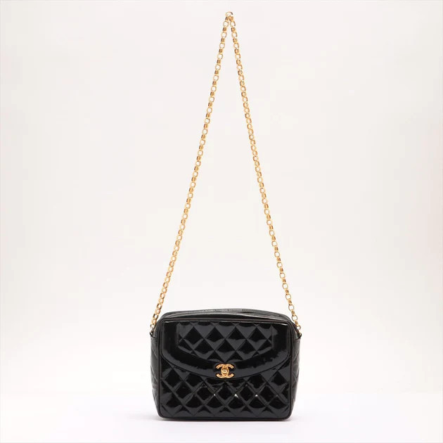 Chanel Black Quilted Patent Leather CC Diana Camera Shoulder Bag | Shop Premium Outlets