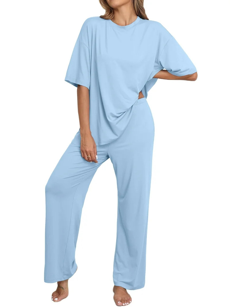 MINTREUS Lounge Sets for Women Knit Short Sleeve Tops and Long Pants Soft Comfy Pajamas Set Overs... | Walmart (US)