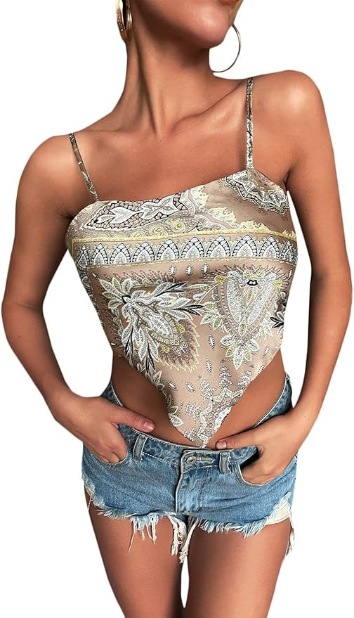 Milumia Women's Scarf Print Tie Back Spaghetti Strap Asymmetrical Satin Cami Crop Top | Amazon (US)
