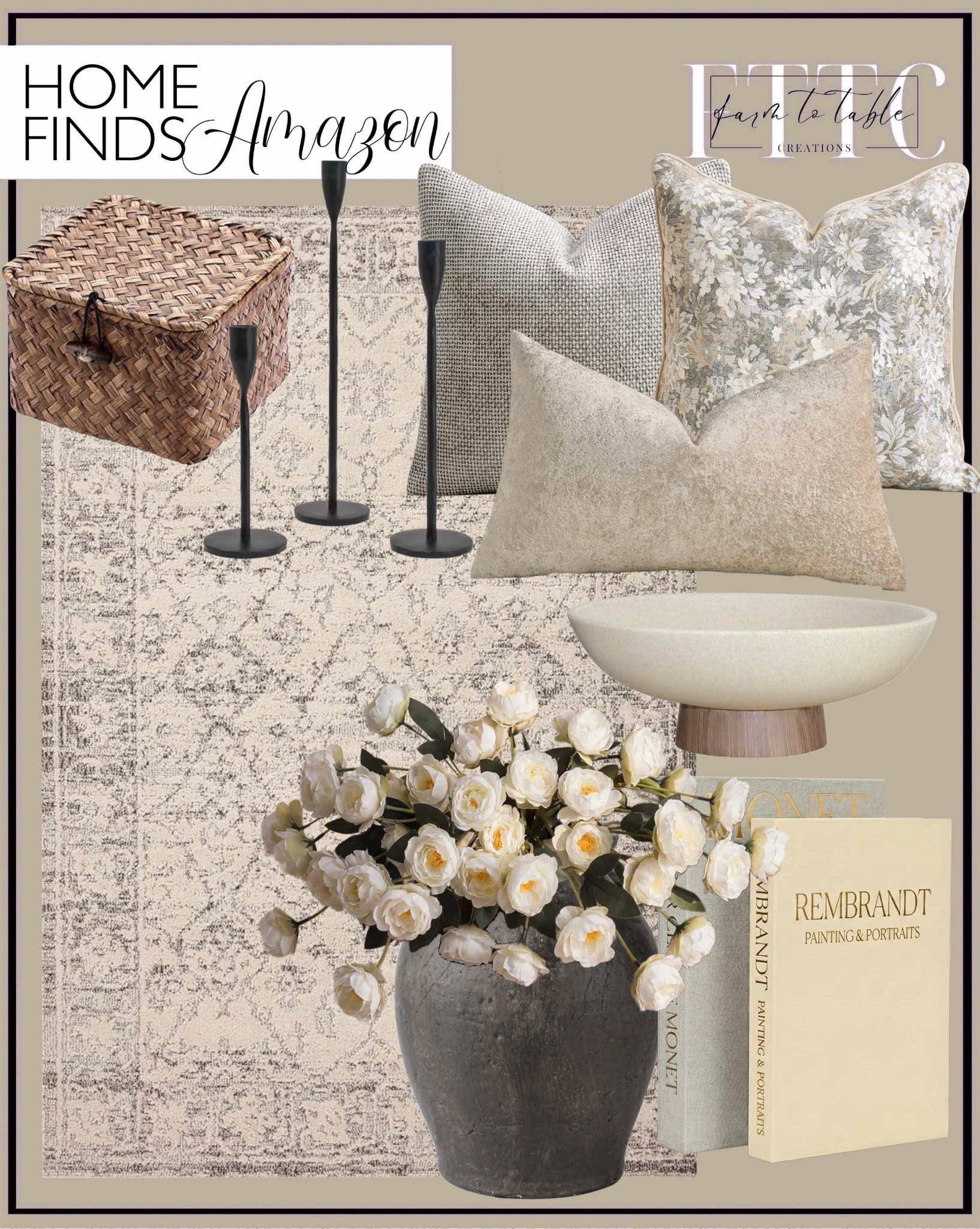 Neutral Living Room Amazon Finds You’ll Use Year-Round

Follow @farmtotablecreations on Instagram for more home finds and styling ideas 🤍

These are the kind of pieces that instantly pull a space together without overthinking it. The neutral rug sets the foundation, layered with soft textured pillows, classic black candlesticks for height, and a woven basket that adds warmth and function. Finished with a simple bowl, books, and florals—everything works together for that clean, elevated look that still feels lived in.

#livingroomdecor #pillows #rugs #coffeetabledecor #neutraldecor #amazonhome #livingroomideas #homefinds

#LTKHome #LTKSaleAlert