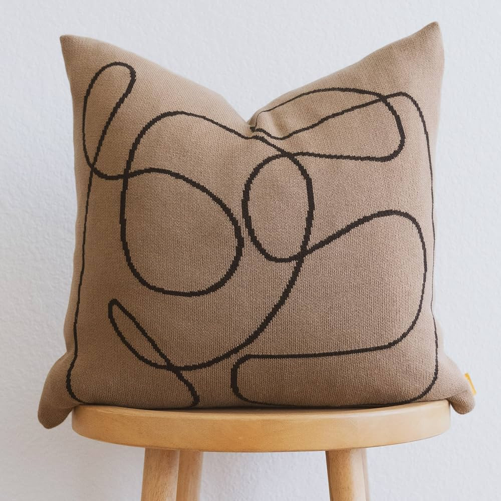 100% Cotton Knitted Soft Throw Pillow Cover Modern Abstract Line 18x18 (Mocha) | Amazon (US)