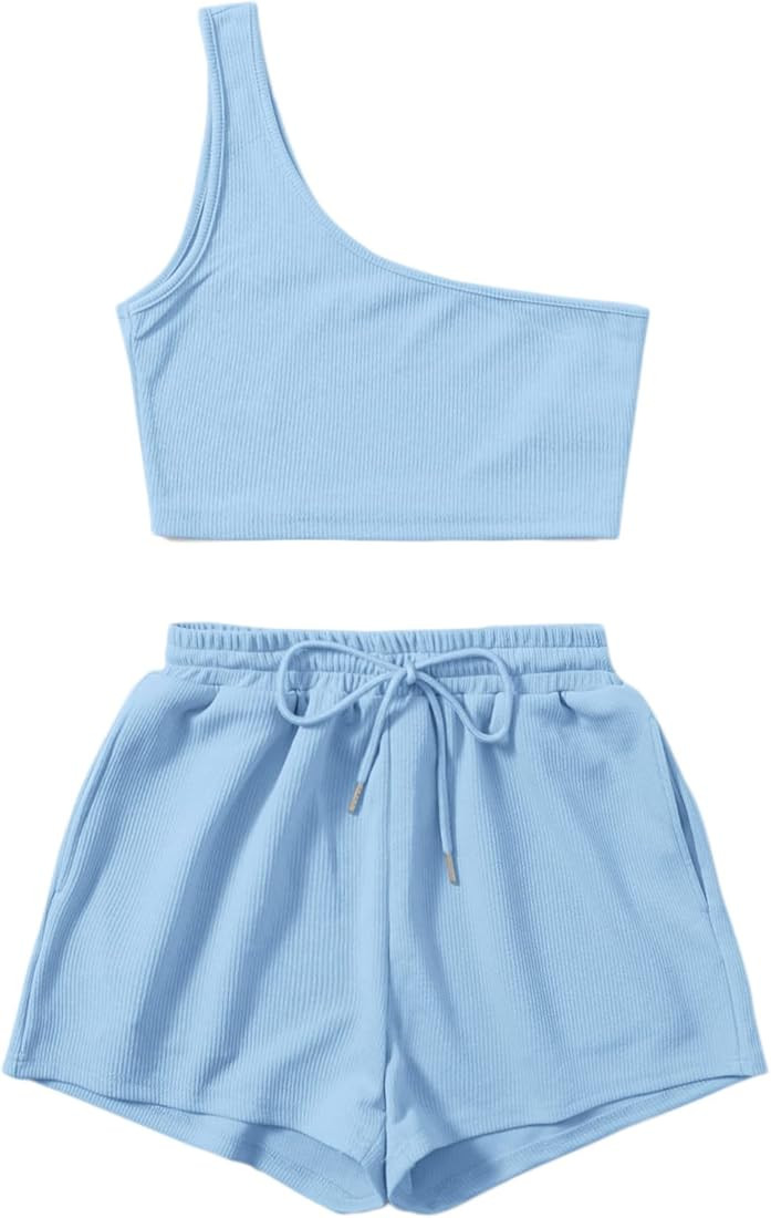 Verdusa Women's One Shoulder Tank Top and Lounge Shorts 2 Piece Tracksuit Set | Amazon (US)