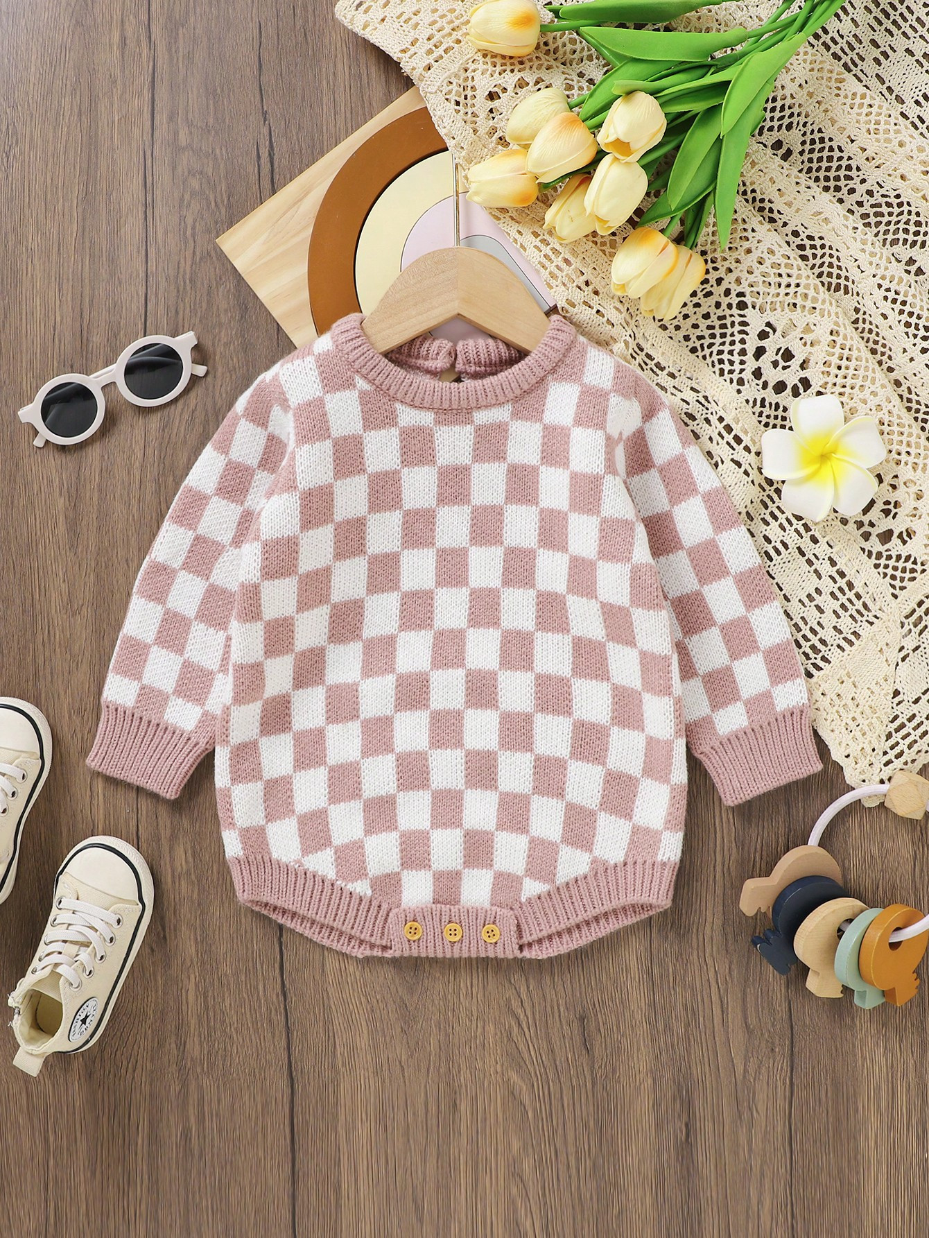 Baby Girl Checker Pattern Knit Bodysuit | SHEIN