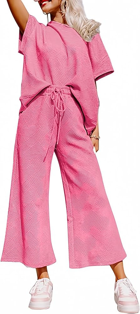 SHEWIN Women's 2 Piece Outfits Sweatsuit Casual Short Sleeve Pullover Tops and Drawstring Wide Le... | Amazon (US)