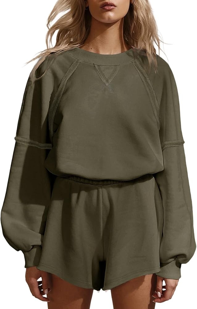 Aleumdr Women's 2 Piece Outfits Lounge Sets Sweatshirt Loungewear Shorts Set 2023 Fall Pajamas Tr... | Amazon (US)