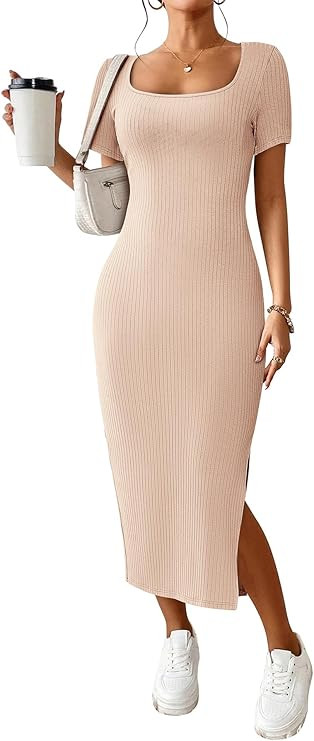 CFLONGE Women's 2024 Summer Bodycon Sundresses Casual Short Sleeve Square Neck Midi Dress Knit Si... | Amazon (US)