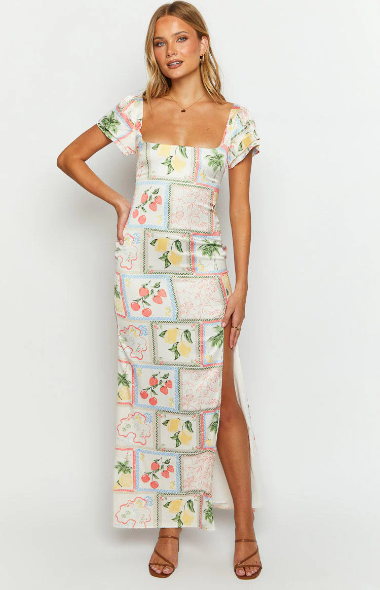 Nori White Satin Roma Print Maxi Dress | Beginning Boutique (US)