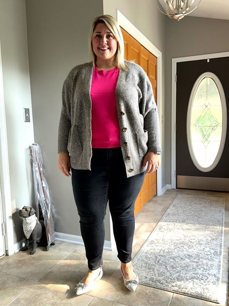 Fall workwear coming at you! 

The cardigan is a heavier weight boyfriend style. I am in a 2X in gray and think it runs slightly generous. 

The shell is pink in a 3X. I do think it’s a bit short but as a reminder, shells are not meant to be long. It’s lightweight and comes in tons of colors. Size inclusive. 

Paired these with a pair of black denim I already owned. Linked a couple of options. 

Shoes run tts (I’m in an 11) - get a heel insert as they can get blistery! 

#LTKunder50 #LTKcurves #LTKworkwear