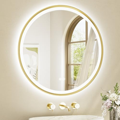 TETOTE Gold Round Led Mirror with Lights 30 Inch Metal Framed Round Circle Lighted Bathroom Vanity Mirror Wall Mounted, Front and Backlit 3 Color Stepless Dimmable Anti Fog, Shatterproof, CRI 90+ | Amazon (US)