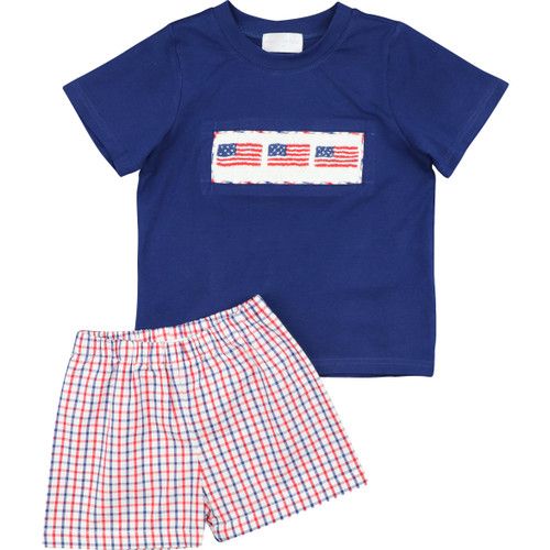 Navy and Red Windowpane Smocked Flag Short Set | Cecil and Lou