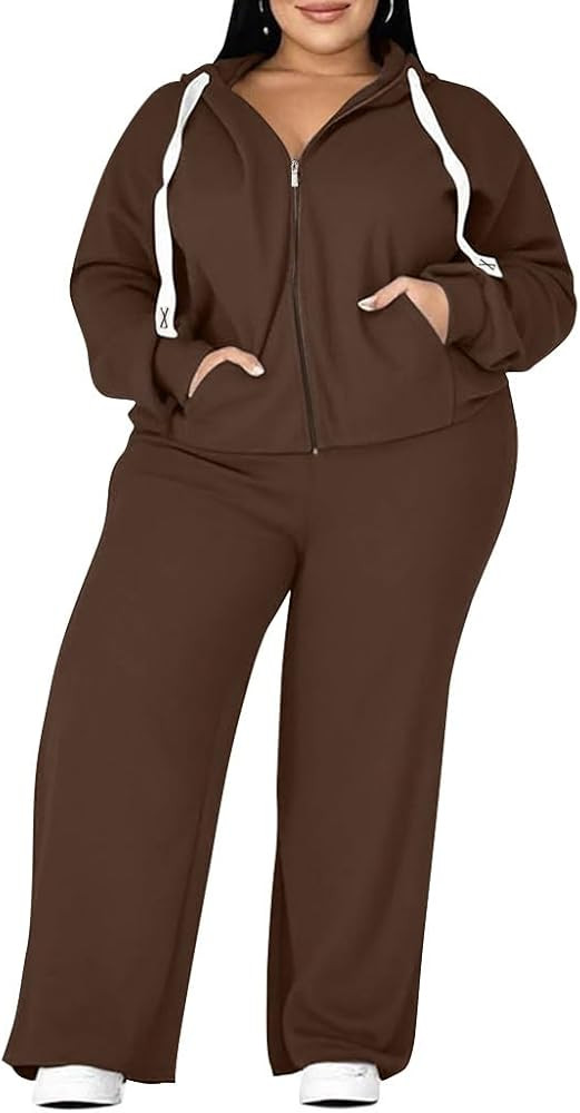 UOUA Plus Size Womens 2 Piece Sweatsuits Outfits Zip Up Jackets & Wide Leg Sweatpants Casual Loun... | Amazon (US)