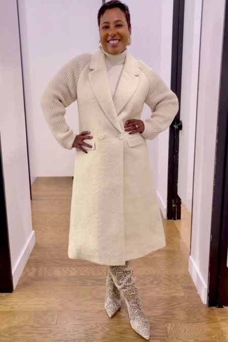 A winter white winter outfit with faux snakeskin boots sweater coat turtleneck sweater dress and gold dome earrings

#winteroutfit
#boots
#sweaterdress

#LTKSeasonal #LTKmidsize