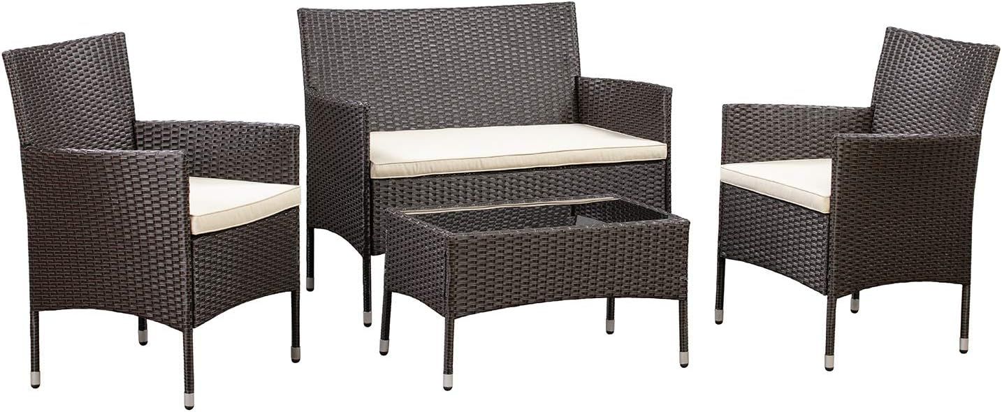 Amazon Basics Outdoor Patio Garden Faux Wicker Rattan Chair Conversation Set with Cushion - 4-Pie... | Amazon (US)