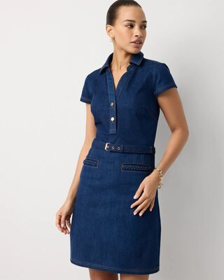 Women's Braided Trim Belted Denim Dress in Avenue Authentic size 00 | White House Black Market | White House Black Market