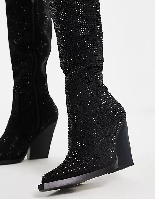 ASOS DESIGN Catapult heeled western knee boots in black rhinestones | ASOS (Global)