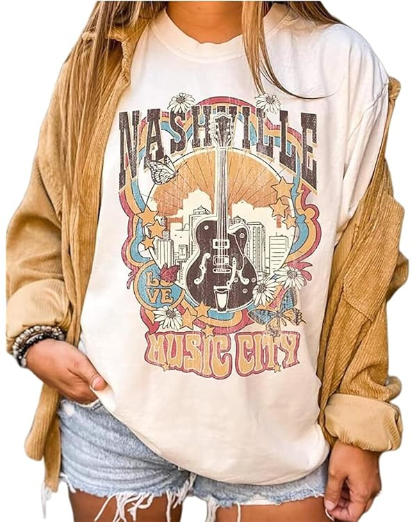 Oversized Nashville Shirts Women Country Music Concert Outfits Casual Rock Band Graphic Tee Tops ... | Amazon (US)