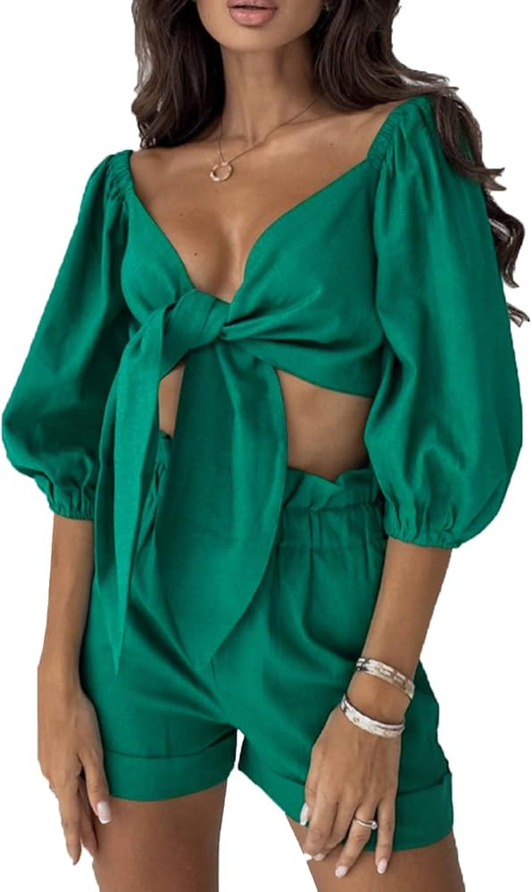 Natsuki 2 Piece Outfits for Women Summer Tie Front Short Suit Set Short Sleeve Crop Top and Shorts S | Amazon (US)