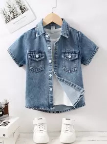 Young Boy Toddler Boys Flap Pocket Denim Shirt Without Tee | SHEIN