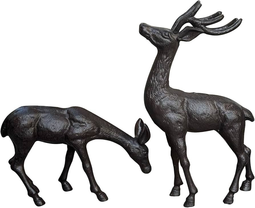 Elegant Pair of Cast Iron Deer Sculptures -22" and 11.4" Tall Male and Female Set for Outdoor Gar... | Amazon (US)