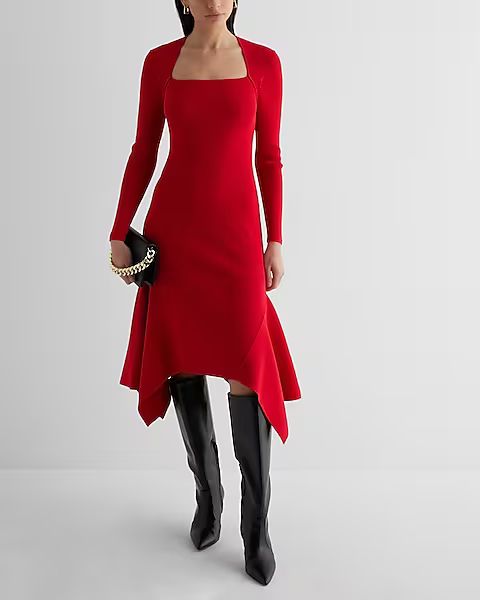 Ribbed Square Neck Asymmetrical Hem Midi Sweater Dress | Express