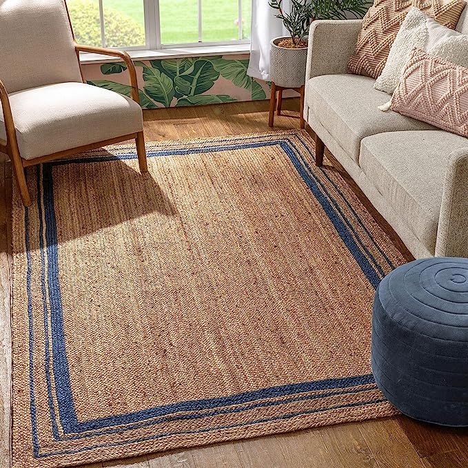 Well Woven Delphina Blue & Natural Color Hand-Braided Jute Border Pattern Area Rug (5' x 7'6") | Amazon (US)