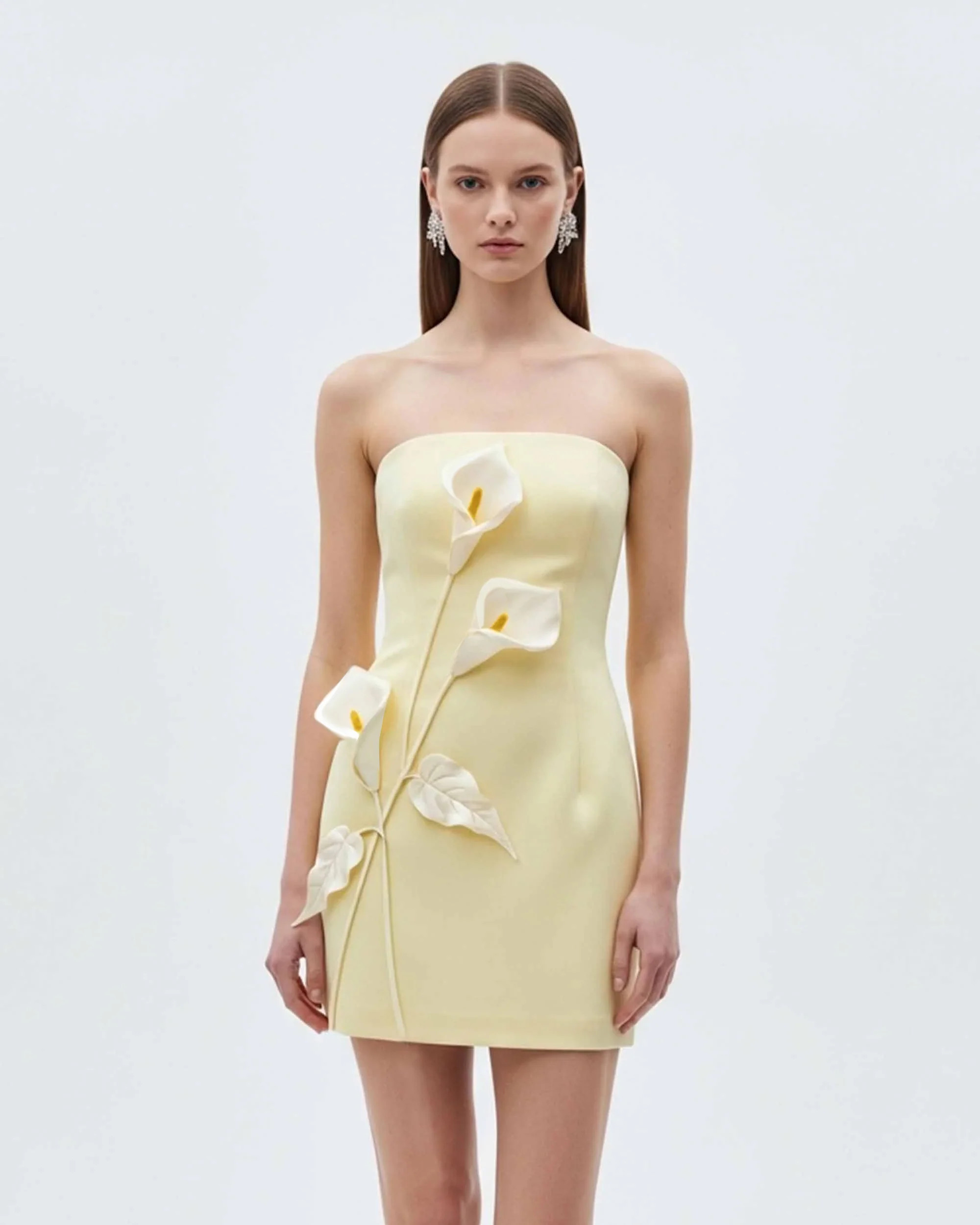 Strapless Floral Appliqué Dress - Yellow | JW PEI US