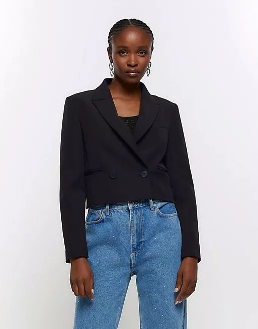 River Island crop double breasted blazer in black | ASOS (Global)