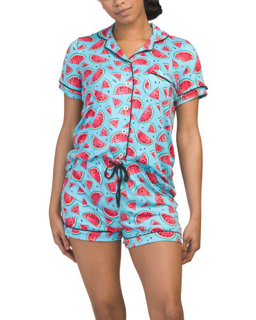 2pc Watermelon Print Notch Collar Top And Shorts Pajama Set for Women | Polyester/Spandex | Marshalls