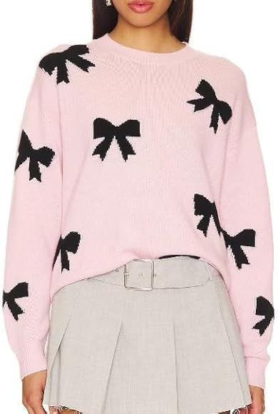 Women Pink Bow Knot Print Sweater Long Sleeve Ribbed Knit Pullover Top Crewneck Cute Knitwear Jum... | Amazon (US)