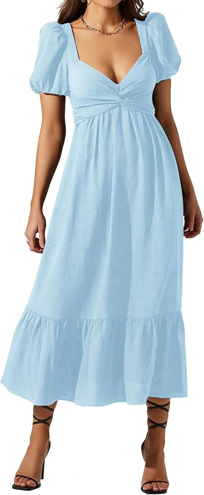 Ebifin Women's Summer Casual Dress Twist Front Sweetheart Neckline Puff Sleeve Ruffle Flowy Midi ... | Amazon (US)