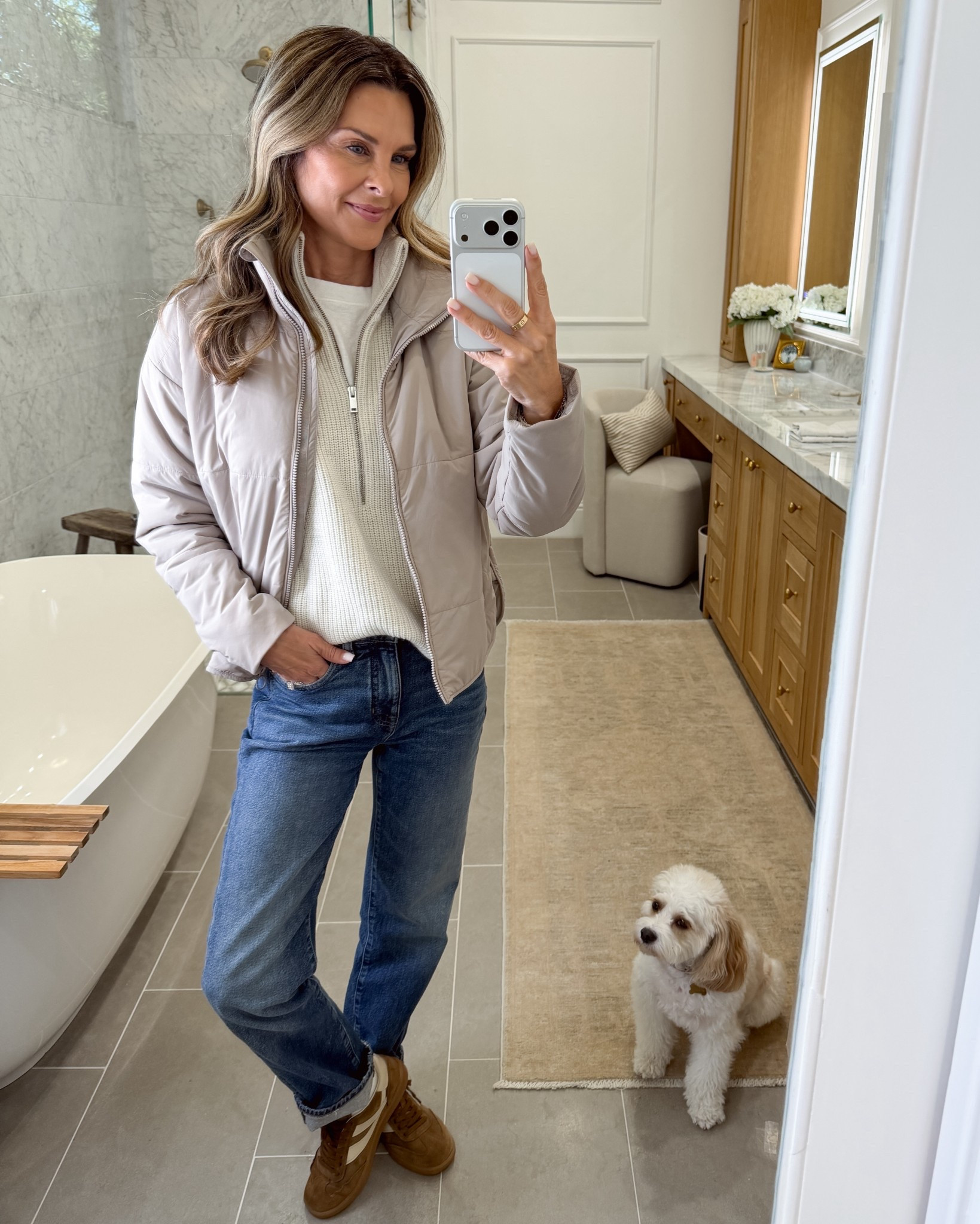 -Vuori jacket in the pretty neutral color! 
-JCrew jeans on repeat. TTS I’m 5’6”
-Quince zip-up
-Sneakers TTS 



#LTKootd #LTKOver40 #LTKSaleAlert