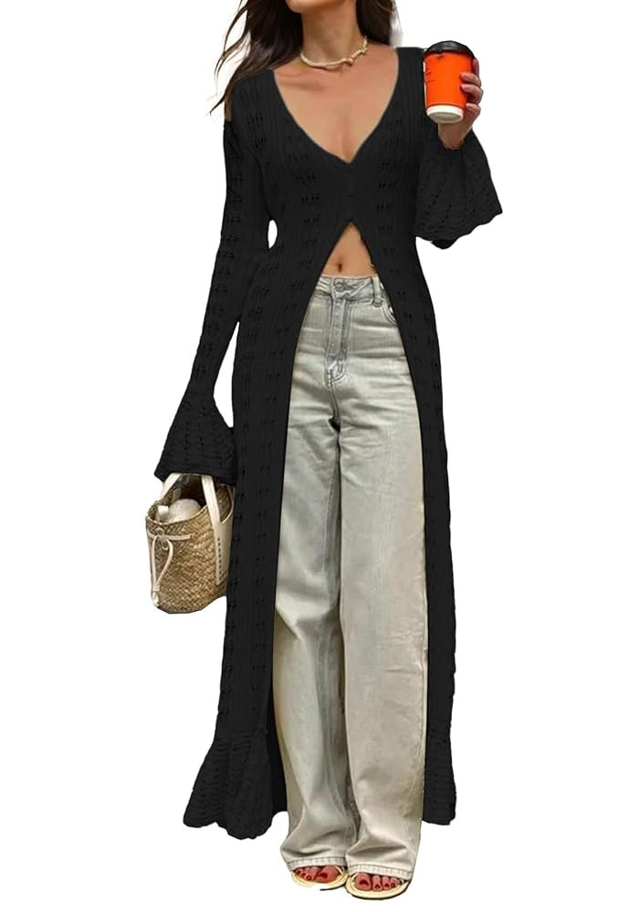 NRTHYE Women Long Crochet Cardigans Button up Knit Hollow Out Elegant Duster Sweaters Cover Up Ma... | Amazon (US)