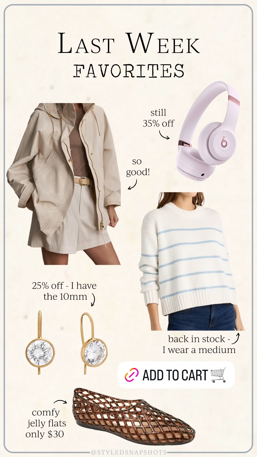 Last week follower favorites ✨
-Bose headphones still $70 off 
-$30 jelly flats are Comfy, tts, and come in 3 color 
-XS jacket - so good! 
-100% cotton sweater under $50 - I size up 1 to a medium 
-25% off my current everyday earrings. I have the 10mm

#LTKSaleAlert