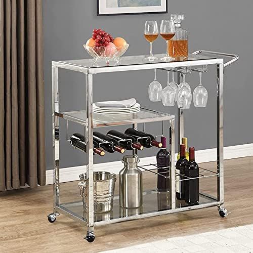 Glass Bar Cart with Wine Rack&Glass Holder, Kitchen Serving Cart with Wheels&Handle, 3-Tier Kitchen  | Amazon (US)