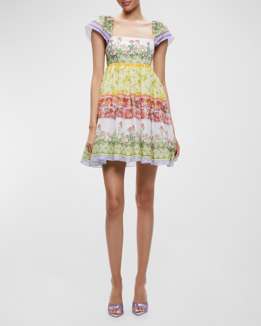 Alice + Olivia Tamia Puff-Sleeve Babydoll Mini Dress | Neiman Marcus