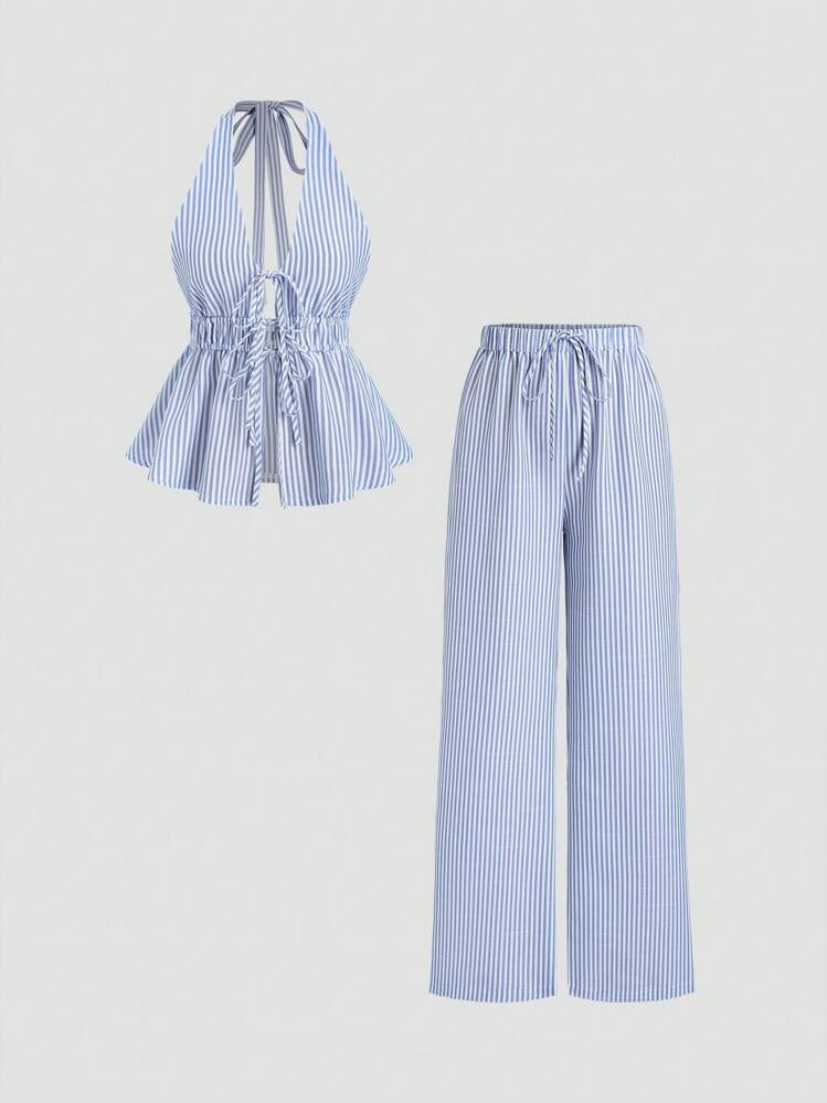 Sweetra Women 2 Pieces Set:Striped Print Twist Backless Halter Top And Drawstring Pants, Casual | SHEIN
