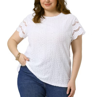 Agnes Orinda Women's Plus Size Round Neck Short Sleeve Lace Panel Dressy Eyelet Summer Casual T-Shirts 4X White | Target