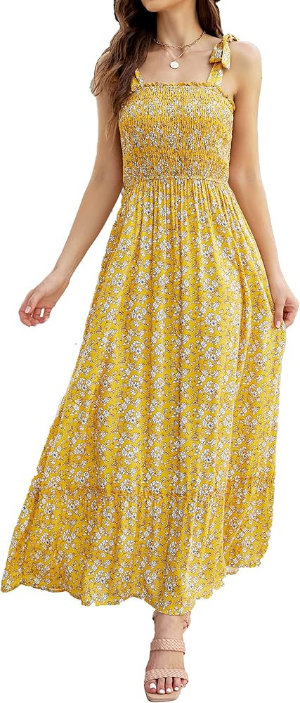 Tobrief Women's Boho Dress Summer Spaghetti Strap Square Neck Flowy Ruffle Beach Long Maxi Dress | Amazon (US)