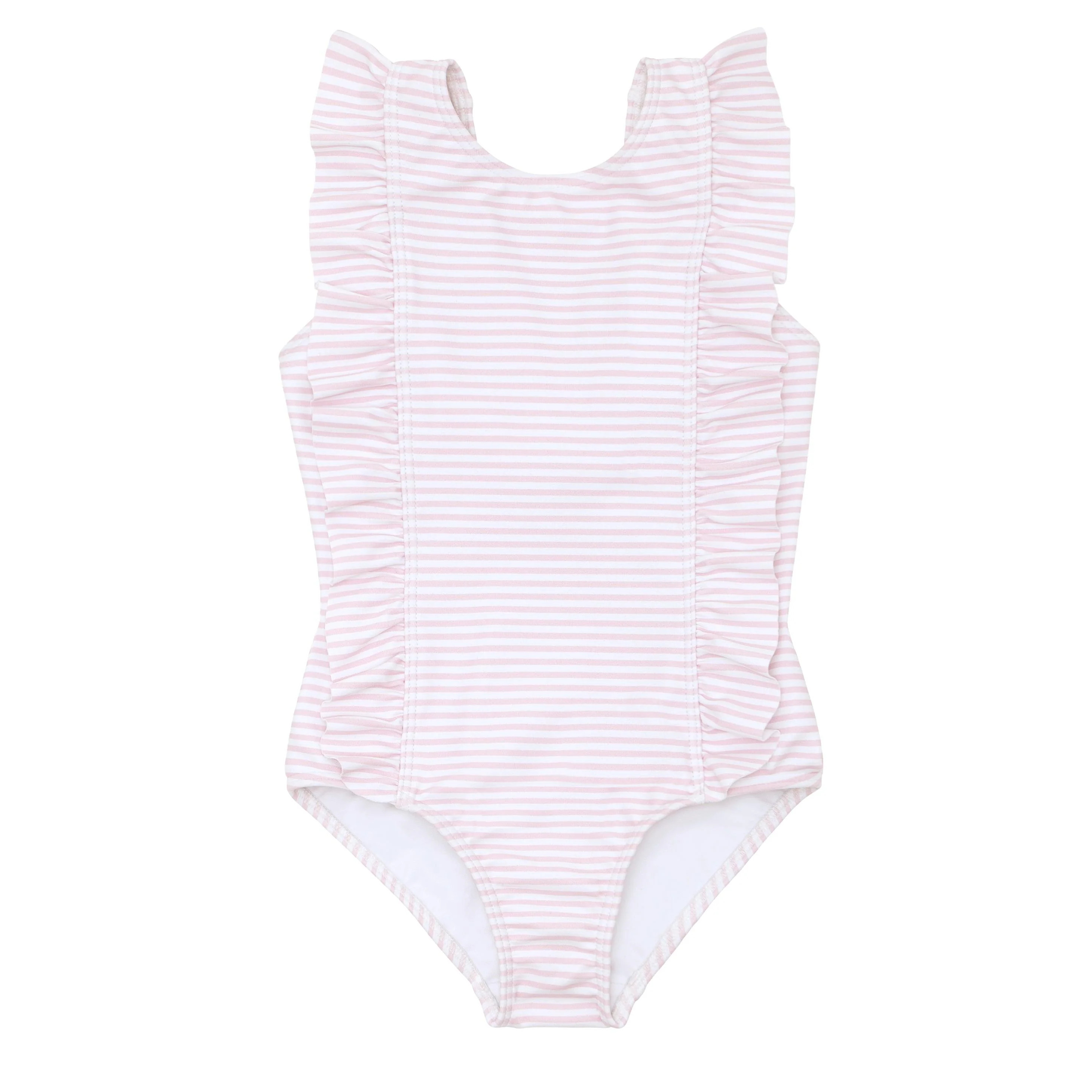 girls pink stripe ruffle one piece | Minnow