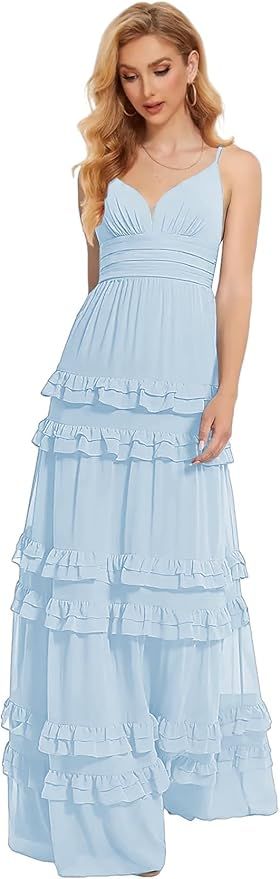 Spaghetti Straps Bridesmaid Dresses for Women Tiered Corset Evening Gowns Chiffon Long Formal Dre... | Amazon (US)