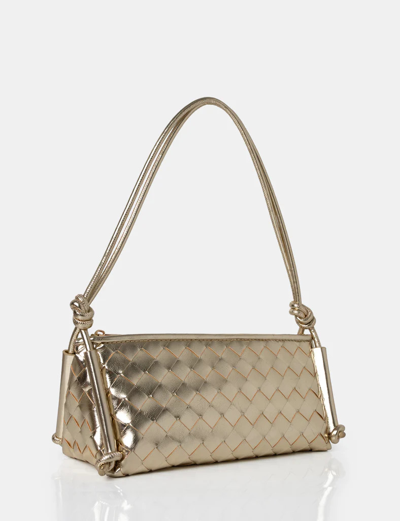 The Tate Gold Woven Oblong Knotted Handle Shoulder Bag | Public Desire