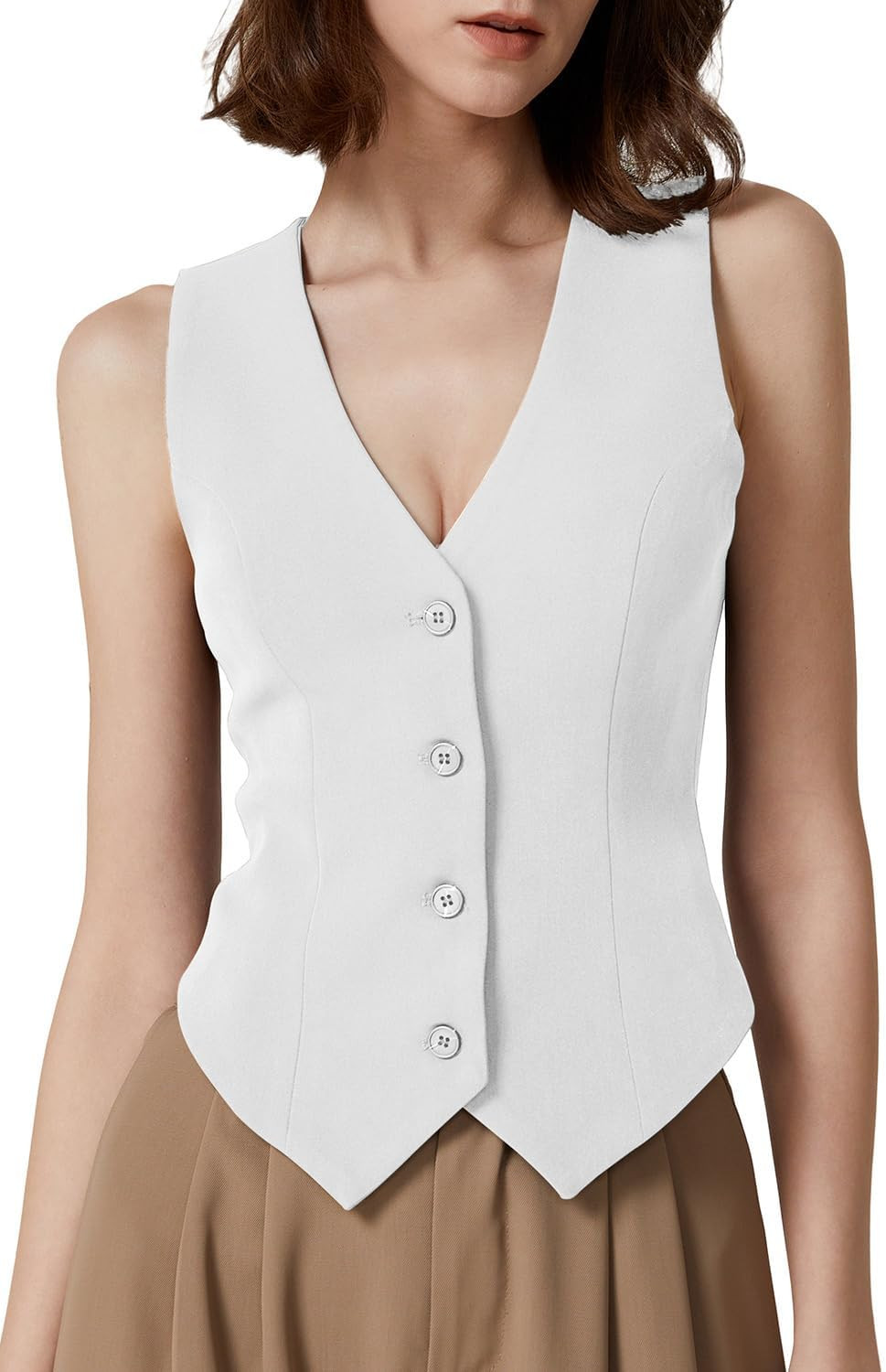 QINSEN Womens V Neck Vest Top Sleeveless Button Down Fully Lined Solid Going Out Crop Tops | Amazon (US)
