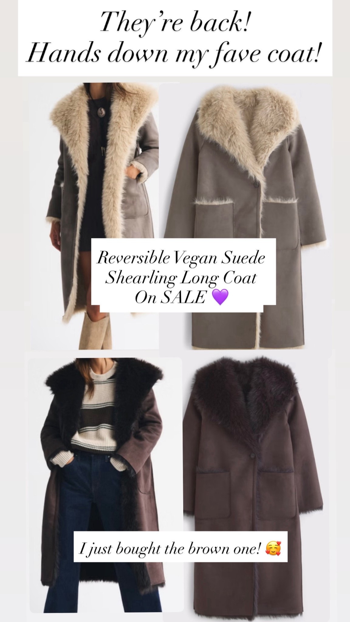 Reversible Vegan Suede Shearling Long Coats are $169!!!

#LTKSaleAlert #LTKootd