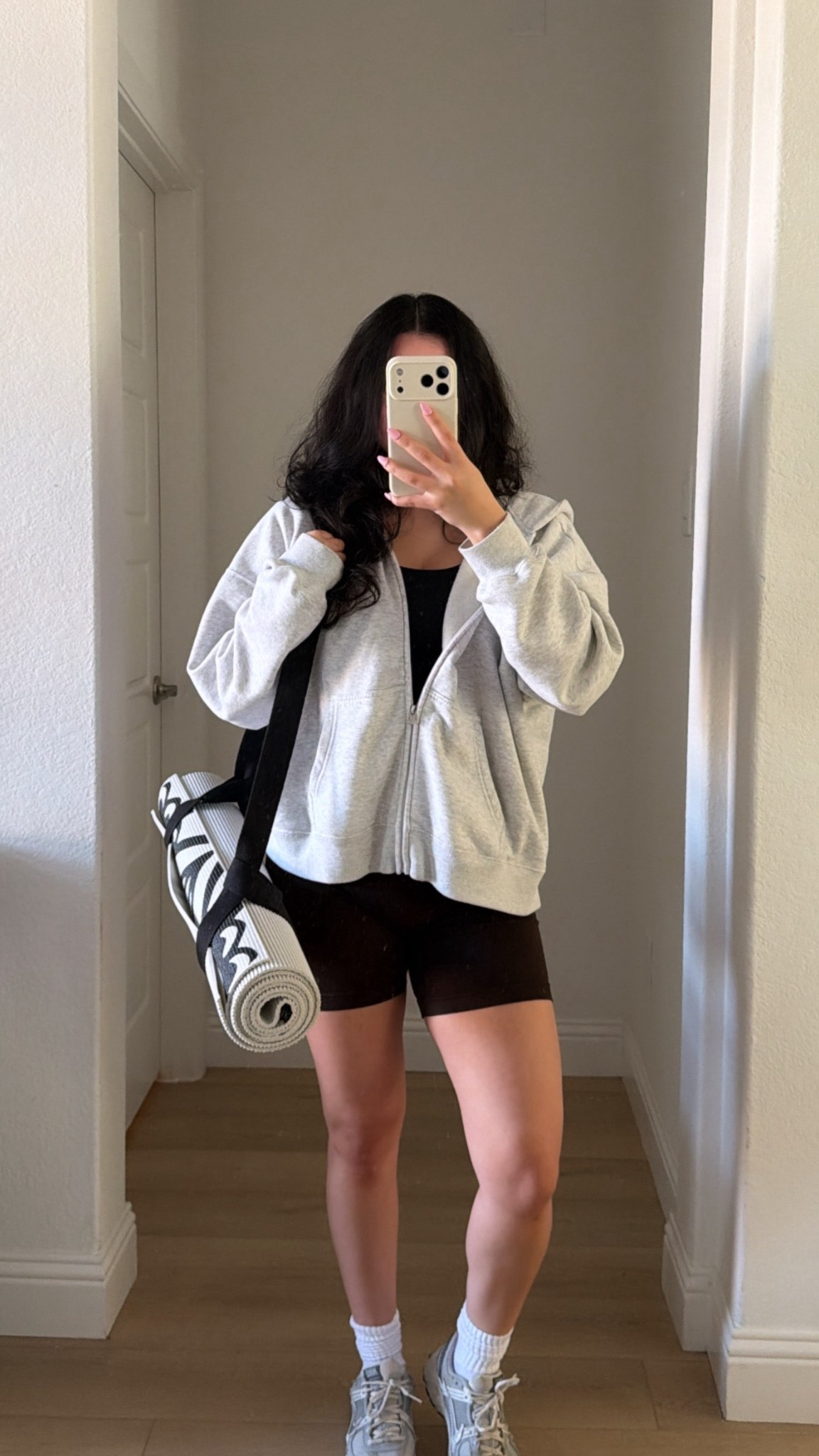 Yoga/Pilates Outfit 🎀 Wearing a grey zip up hoodie with a black gym top and brown gym shorts. 

#amazon #gym #fitness #yogaoutfit #pilatesoutfit #workoutoutfit 

#LTKdayinmylife #LTKmorningroutine #LTKfitnessgoals