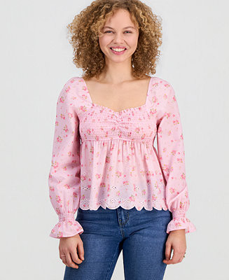 Juniors' Printed Long-Sleeve Babydoll Top | Macy's