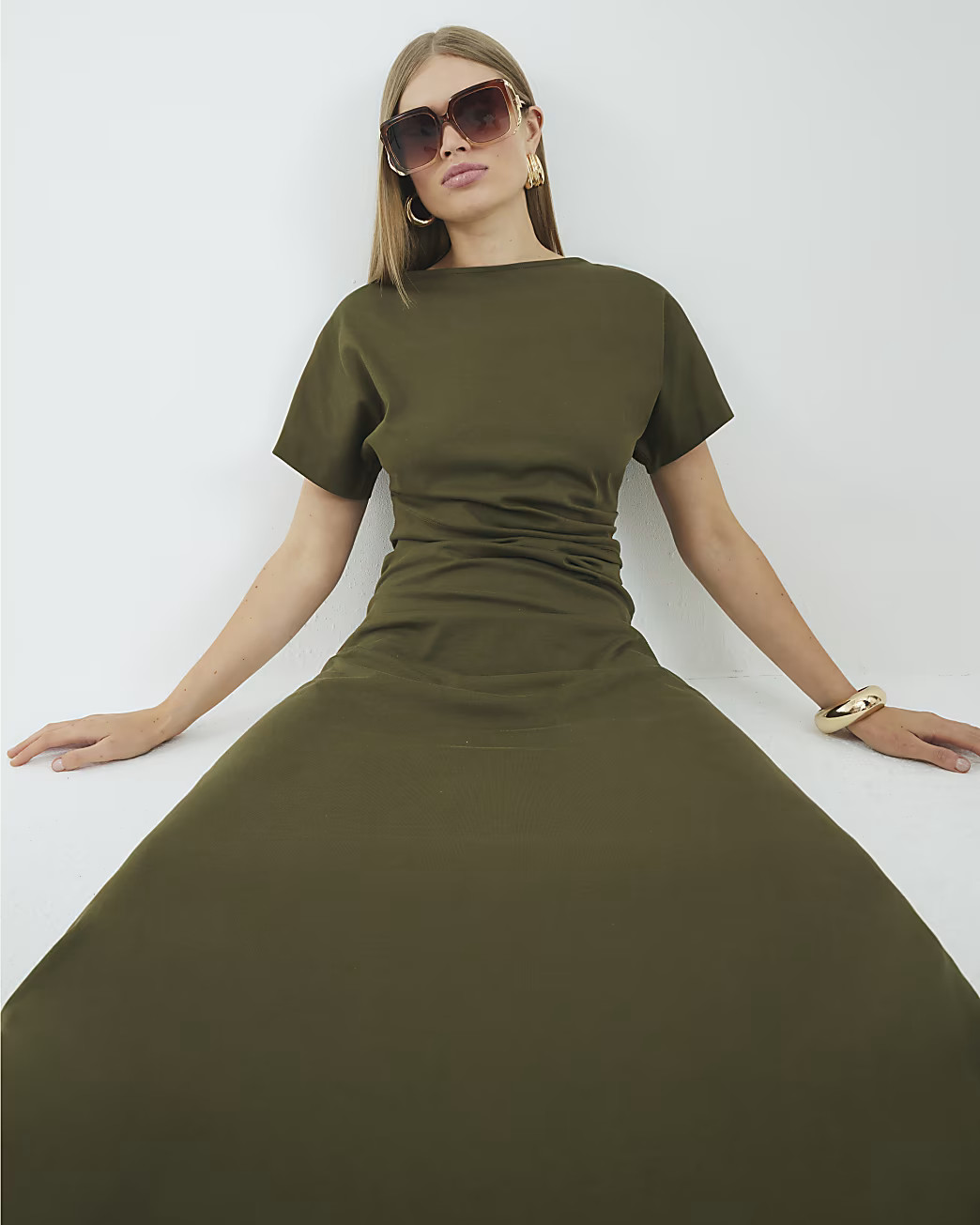 Green Short Sleeve Drape Side Midi Dress | River Island UK & IE