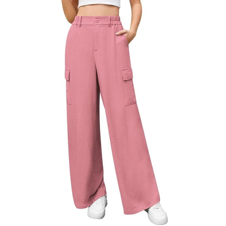 Uvplove Womens High Waisted Wide Leg Cargo Pants Baggy Casual Work Trousers with 4 Pockets,Pink,L... | Walmart (US)