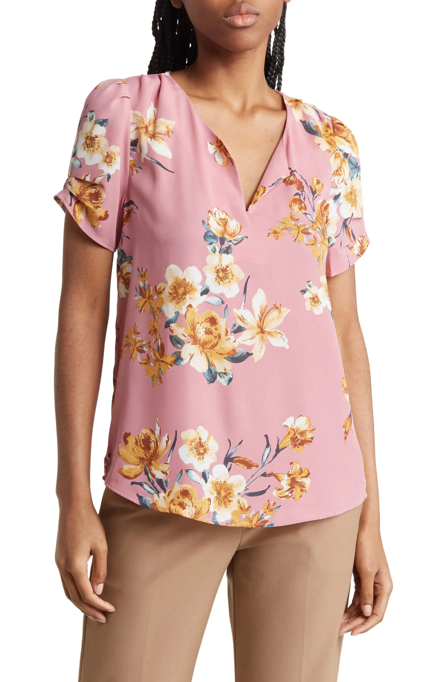 Pleated Sleeve Split Neck Blouse | Nordstrom Rack