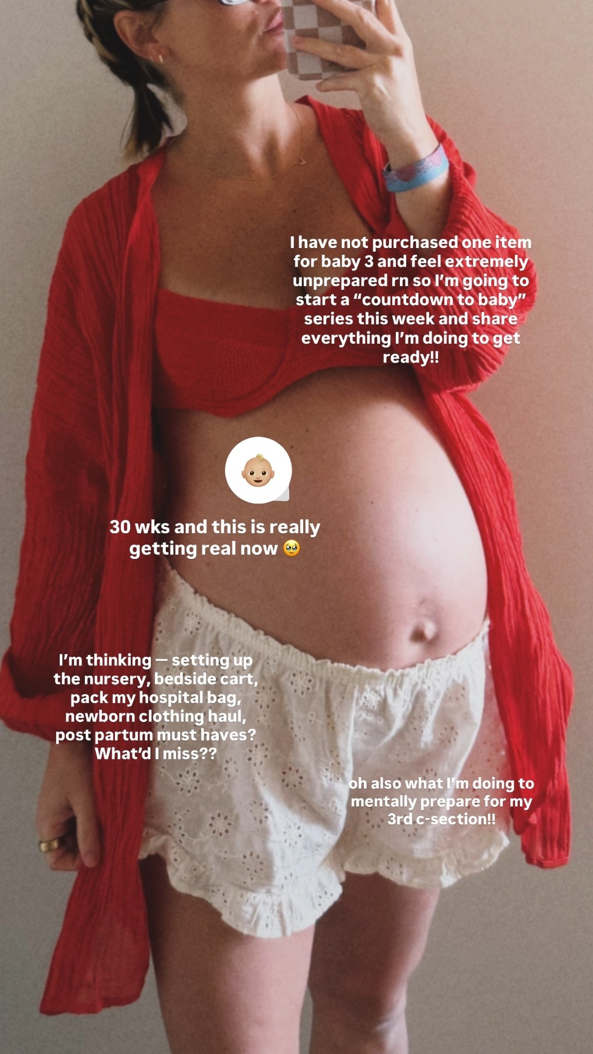 30 wks and this is really getting real now 🥹 I have not purchased one item for baby 3 and feel extremely unprepared rn so I’m going to start a “countdown to baby” series this week and share everything I’m doing to get ready!! I’m thinking — setting up the nursery, bedside cart, pack my hospital bag, newborn clothing haul, post partum must haves? What’d I miss?? oh also what I’m doing to mentally prepare for my 3rd c-section!! 

#LTKBump #LTKSwim #LTKmomlife