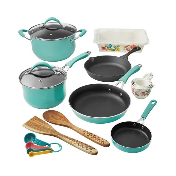 The Pioneer Woman Blooming Bouquet Aluminum Nonstick 19-Piece Cookware Set, Teal - Walmart.com | Walmart (US)